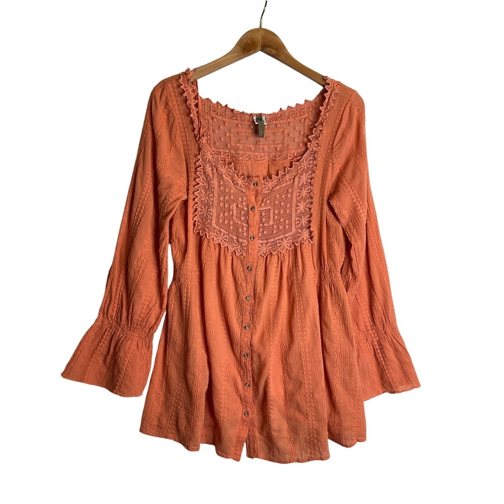 XCVI Peasant Blouse Button Up Tunic Long Sleeve Boho Cottagecore Lagenlook L